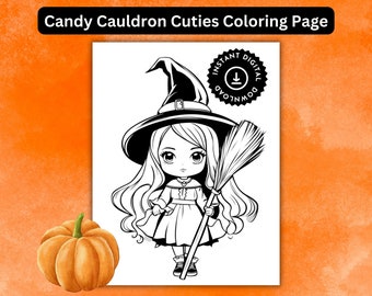 Linda página para colorear de Halloween de bruja, libro para colorear para adultos y niños, hoja para colorear de Halloween, descarga instantánea, actividad de Halloween