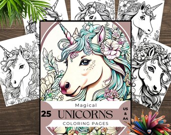 May include: A set of 25 coloring pages featuring magical unicorns with intricate floral designs. The cover shows a unicorn with a blue and green mane and flowers in its hair. The text on the cover reads "Magical Unicorns Coloring Pages US & A4".