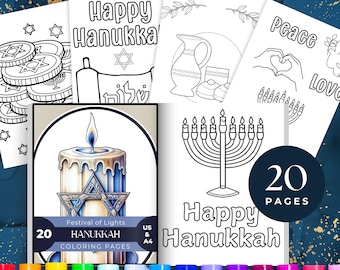May include: A set of 20 colouring pages featuring Hanukkah themes. The pages include images of a menorah, candles, dreidels, and other traditional symbols. The pages are printed on A4 paper and are suitable for children of all ages.