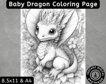 Cute Baby Dragons Coloring Book, Adults +  Kids Colouring Pages, Stress Relief, Digital PDF Download, Fantasy, Woodland Dragons, Grayscale