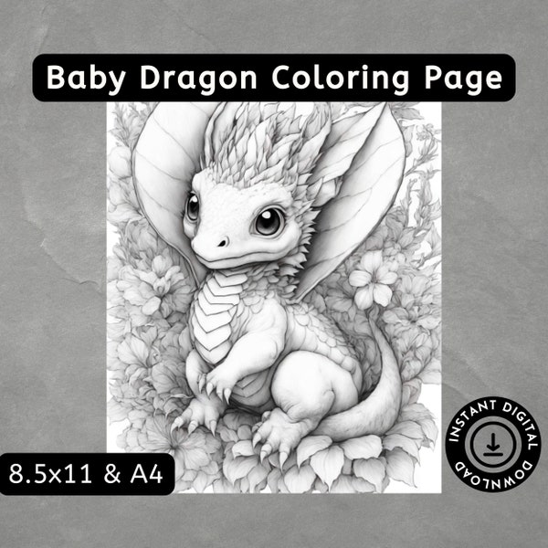 Cute Baby Dragons Coloring Book, Adults +  Kids Colouring Pages, Stress Relief, Digital PDF Download, Fantasy, Woodland Dragons, Grayscale