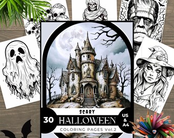 Scary Coloring Pages, Halloween Coloring, Horror Coloring, Zombie Coloring,  Dark Art Grayscale, Creepy Designs, Witchy Coloring Book, Gray