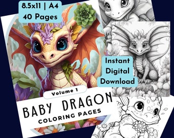 Libro para colorear de dragones bebés / Colorear en escala de grises / Colorear para adultos y niños / Alivio del estrés / Descarga digital en PDF / Fantasía / Dragones del bosque