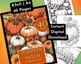 Puede incluir: Un libro de colorear digital con 40 páginas de ilustraciones de calabazas. La portada presenta una ilustración colorida de calabazas y follaje de otoño. El título del libro es "Pumpkin Patch Coloring Pages".
