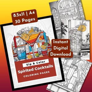 Dibujos para colorear de cócteles, imprimibles divertidos para amantes de las bebidas, libro para colorear digital de Aperol para fiestas de adultos, dibujos para colorear digitales con temática de cócteles y bares.