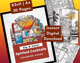 Cocktail Malbuch, Malseiten für Erwachsene, Geschenke, Junggesellinnenparty, sofortiger digitaler PDF-Download, digitale Färbung, lustige Färbung