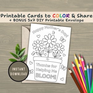 Happy Mothers Day inkleurkaart voor kinderen, doe-activiteit, kleurkaart voor kinderen, Moederdag afdrukbaar, kleur je eigen kaart, direct downloaden