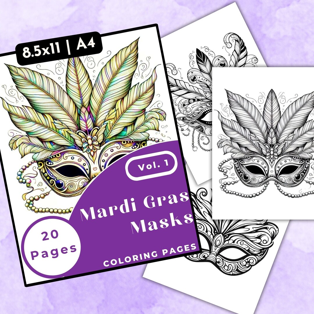 Mardi Gras Coloring, Printable Adult Coloring Pages, Masquerade Coloring, Digital Print, Mardi Gras Mask, Mask Coloring, Grayscale Coloring