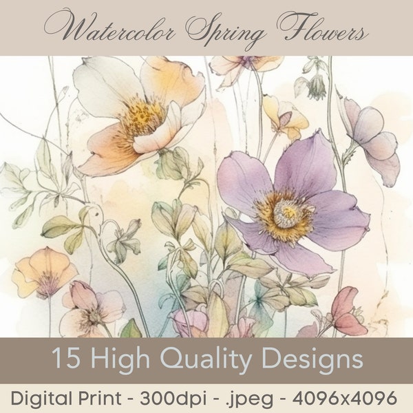 Watercolor Spring Flowers - 15 High Quality JPGs - Digital Download - Card Making - Wedding Card - Digital Paper Craft - 300dpi