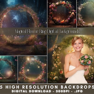 Magic Forest Floral Ring Digital Backdrops - Floral Hoop Background - Digital Backdrops for Photoshop - Wedding Photography Backdrops