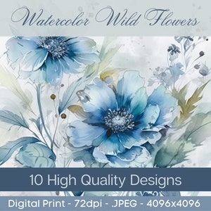 Flores silvestres - 10 JPGs de alta qualidade - Download digital - Confecção de cartões - Cartão de casamento - Artesanato em papel digital - Convite - Aquarela - Decoração