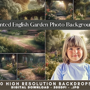 Może przedstawiać: 20 wysokiej rozdzielczości cyfrowych tapet fotograficznych z namalowanego ogrodu angielskiego z bujną zielenią, kamiennymi ścieżkami i kwiatami.  Tła są idealne do dodania odrobiny natury do Twoich zdjęć i projektów.  Pobieranie cyfrowe - 300DPI - .JPG