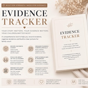 以下が含まれることがあります： クリーム色の「Evidence Tracker」ノートと、テキストと金のペンが書かれた2つの開いたページ。ノートには「Evidence Tracker」というタイトルと「Your Story Matters. Your Evidence Matters. Your Children Matter Most.」というテキストがあります。
