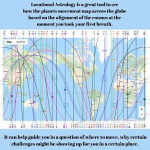 May include: A world map with lines drawn across it, showing the movement of planets across the globe. The text reads "Locational Astrology is a great tool to see how the planets movement map across the globe based on the alignment of the cosmos at the moment you took your first breath. It can help guide you in a question of where to move, why certain challenges might be showing up for you in a certain place."