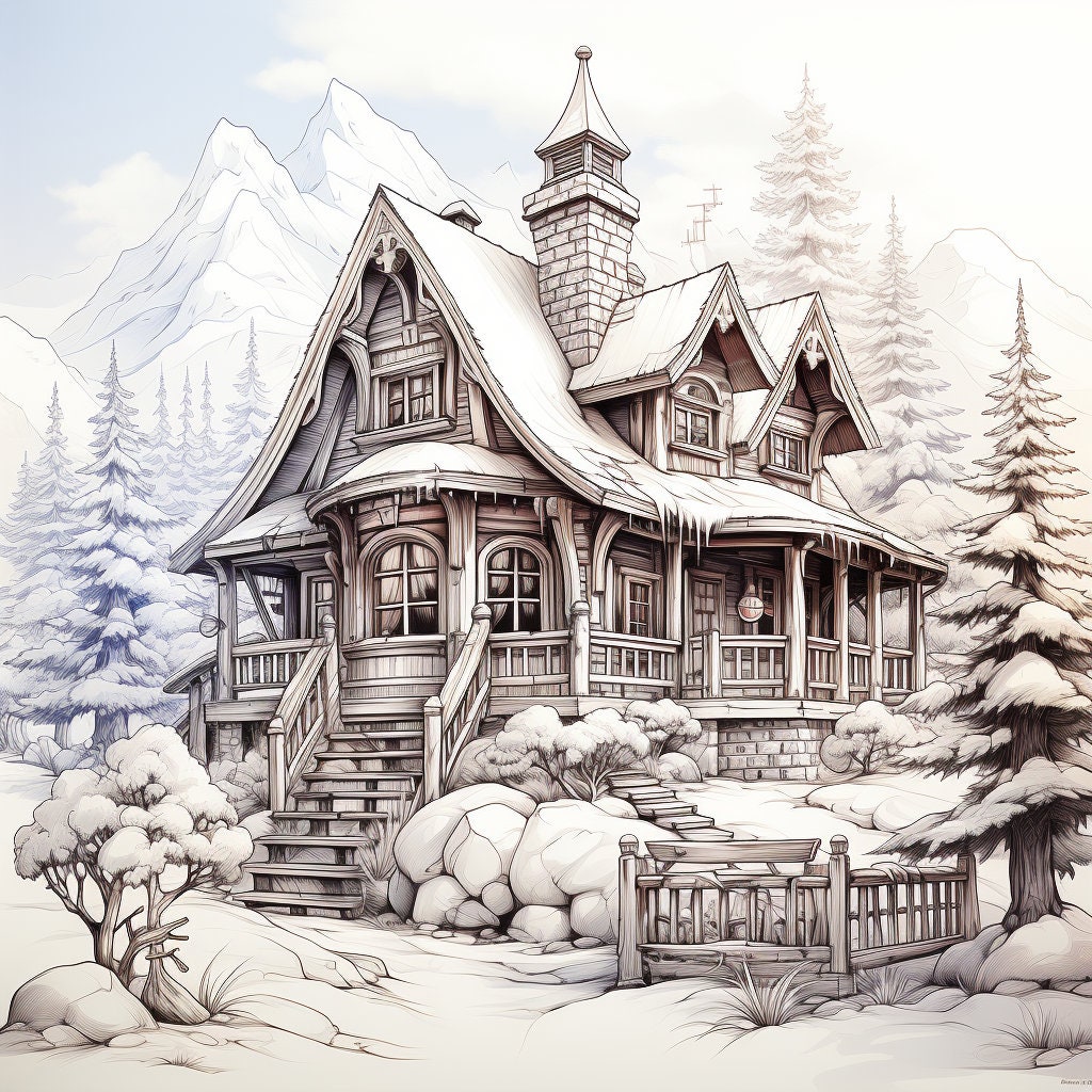 Snowy Log Cabin in the Woods Coloring Pages Downloadable Coloring ...