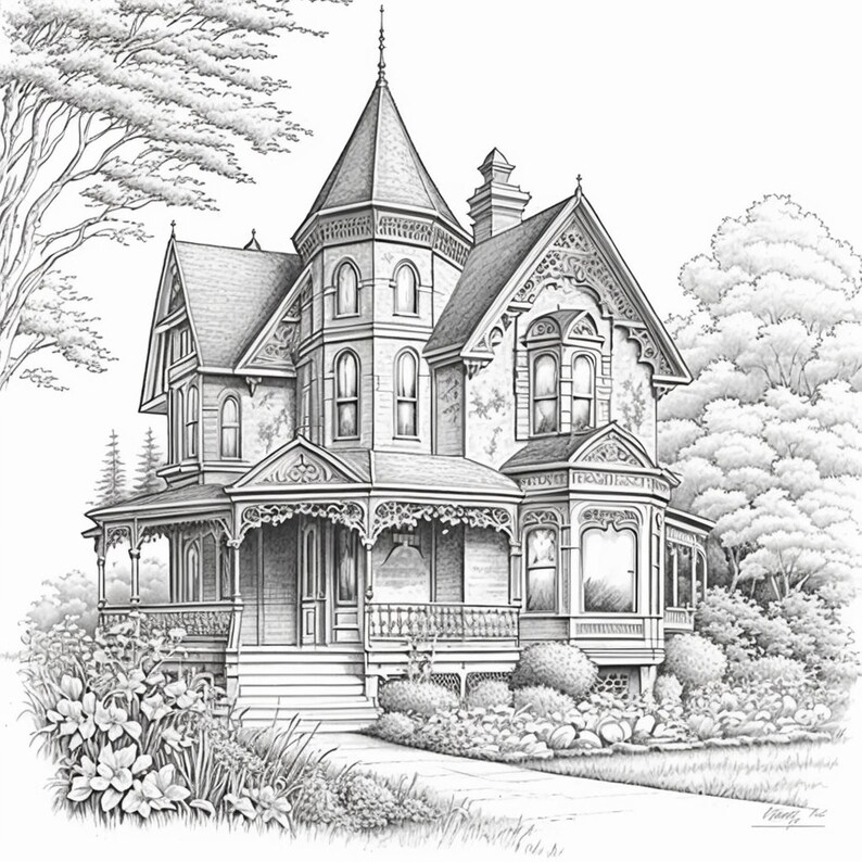 Victorian and Colonial Houses Coloring Pages Digital AI Artwork Adults ...