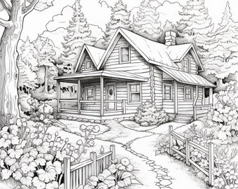 Log Cabin in the Woods 4 Coloring Pages - Etsy
