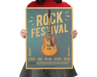 Rock Festival Music Guitar Retro Vintage Poster Mural Decor