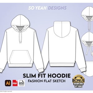 Slim Fit Hoodie Vector Mockup Digital fashion flat sketch file. Technical CAD Drawing for Adobe Illustrator. Instant Download ai, pdf, svg