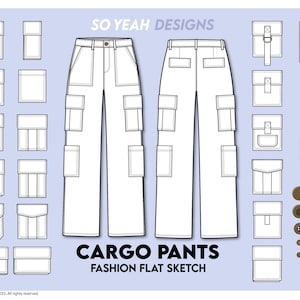 Cargo Utility Pants Fashion Flat Sketch - Bonus Pockets - Fashion Design Template - Technical Flat Drawing - Instant Digital Download Ai Pdf