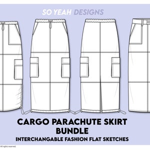 Op de afbeelding: Vier lijntekeningen van cargo parachute rokken met verschillende tailleband stijlen. De rokken hebben grote cargo zakken en een trekkoord aan de onderkant.
