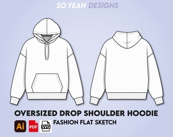 Streetwear Oversized Drop Shoulder Hoodie Vector Mockup | Fashion Flat Tech pack Drawing | Digital Download Illustrator Ai Pdf Svg