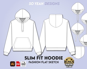 Slim Fit Hoodie Vector Mockup Digitale mode platte schetsbestand. Technische CAD-tekening voor Adobe Illustrator. Direct downloaden ai, pdf, svg