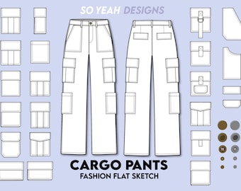 Cargo Utility Pants Fashion Flat Sketch - Bonus Pockets - Fashion Design Template - Technical Flat Drawing - Instant Digital Download Ai Pdf