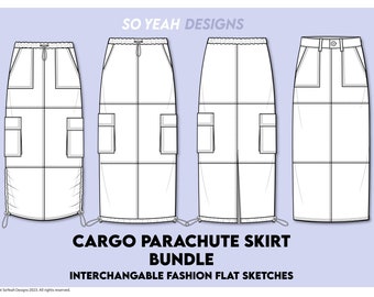 Womens Midi Cargo Parachute Utility Jupe Croquis plat avec éléments de conception interchangeables - Dessin technique plat - Téléchargement numérique Ai Pdf