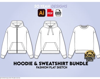 Hoodie Sweatshirt Vector Bundle, Fashion Flat Sketches (AI, PDF, SVG)