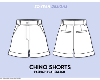 Womens Chino Shorts Fashion Flat Sketch – CAD Template (Digital Download)