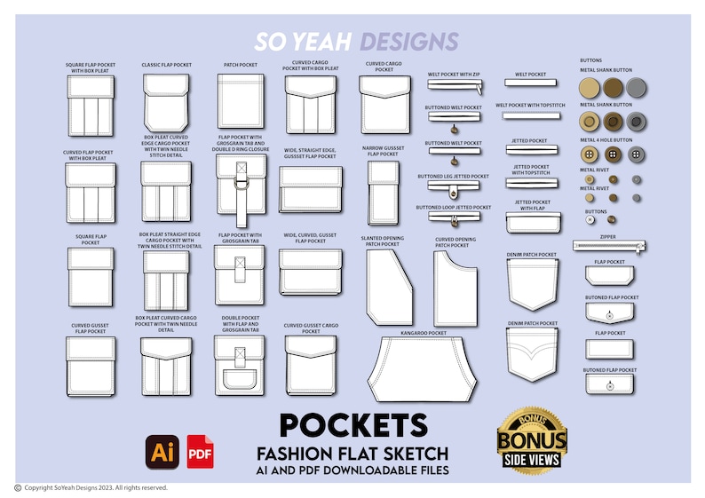 May include: A diagram showing different types of pockets for fashion design. The image includes a variety of pocket styles, including flap pockets, welt pockets, patch pockets, and jetted pockets. The image also includes a variety of button styles, including shank buttons, four-hole buttons, and rivets. The text "SO YEAH DESIGNS" and "POCKETS FASHION FLAT SKETCH AI AND PDF DOWNLOADABLE FILES" is included in the image.