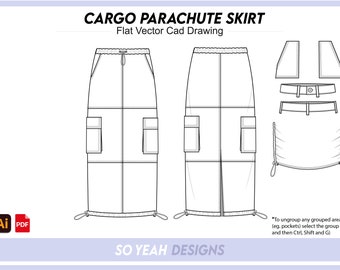 Cargo Skirt Vector Womens Midi Cargo Parachute Utility Skirt Flat