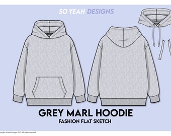 Grey Marl Hoodie Fashion Flat Sketch – CAD Template (Digital Download)