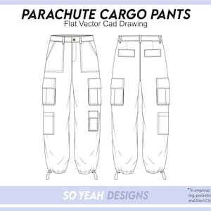 Peut inclure: Dessin au trait d'un pantalon cargo avec plusieurs poches. Le pantalon est pr&eacute;sent&eacute; en vue de face et de dos. Le dessin est intitul&eacute; "Parachute Cargo Pants" et "So Yeah Designs".
