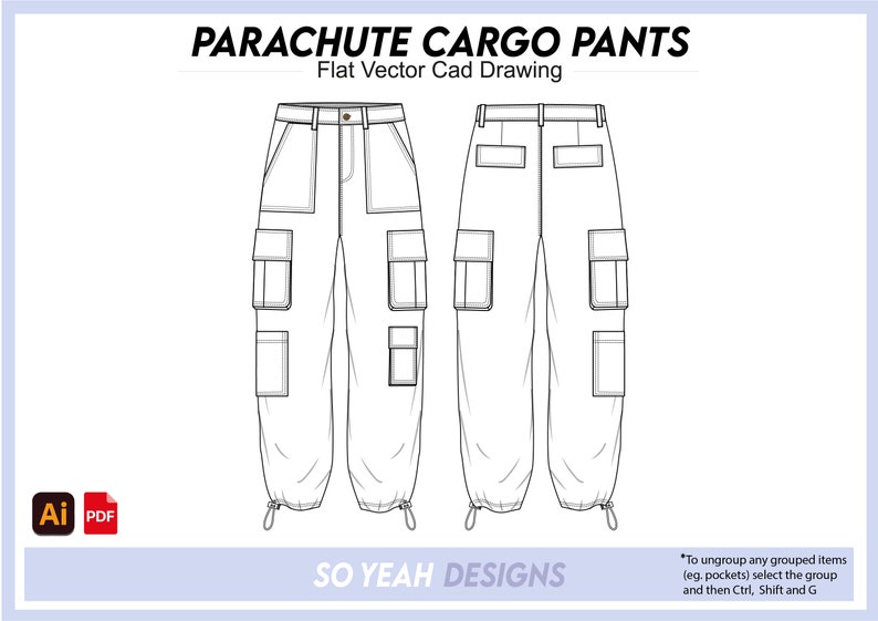 Peut inclure: Dessin au trait d'un pantalon cargo avec plusieurs poches. Le pantalon est pr&eacute;sent&eacute; en vue de face et de dos. Le dessin est intitul&eacute; "Parachute Cargo Pants" et "So Yeah Designs".