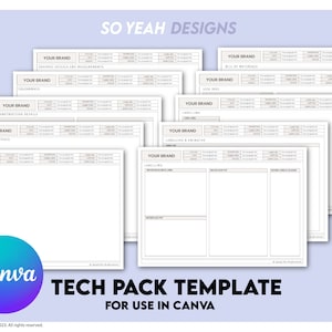 May include: A collection of white tech pack templates with black text, designed for use in Canva. The templates include sections for garment details, colour maps, and labelling. The Canva logo is featured, along with the text "TECH PACK TEMPLATE FOR USE IN CANVA."