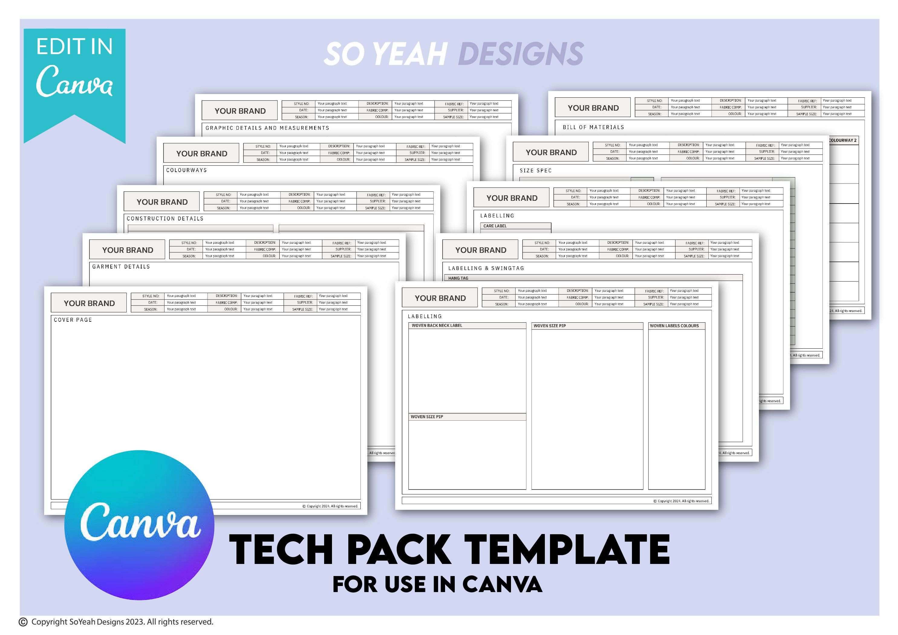 Canva Tech Pack Template Editable 10 Page | Free Sample Hoodie Fashion Tech Pack | Digital Download Editable in Canva & Hoodie Fashion Flat