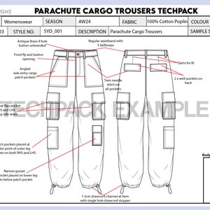 Peut inclure: Un dessin technique de pantalon cargo parachute avec de multiples poches et d&eacute;tails. Le pantalon est de couleur kaki et a une couleur de corps et de couture vert sauge. Le dessin comprend des mesures et des descriptions des poches et autres caract&eacute;ristiques.