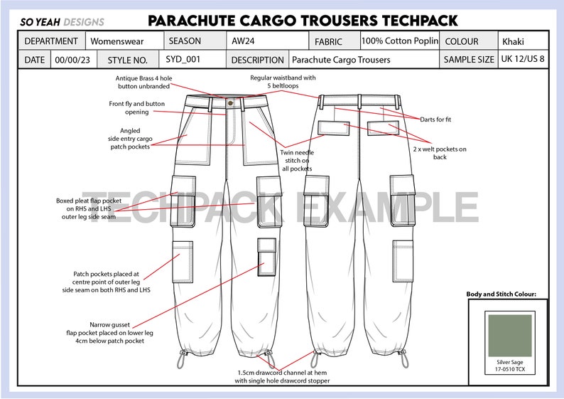 Peut inclure: Un dessin technique de pantalon cargo parachute avec de multiples poches et d&eacute;tails. Le pantalon est de couleur kaki et a une couleur de corps et de couture vert sauge. Le dessin comprend des mesures et des descriptions des poches et autres caract&eacute;ristiques.