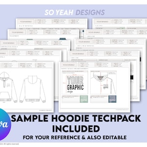 May include: A stack of white technical design sheets for hoodies, with detailed diagrams and measurements. The text "SAMPLE HOODIE TECHPACK INCLUDED" is visible, along with "YOUR GRAPHIC design". The Canva logo is also present.