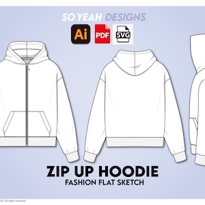 Streetwear Vector Oversized Zip Up Hoodie Sweatshirt Mock up, Technical Drawing Tech Pack Fashion Flat ai for Adobe Illustrator