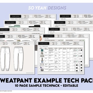 May include: A tech pack for sweatpants with a cover page, garment details, construction details, labeling and sizing, bill of materials, and size spec pages. The tech pack is editable and includes the text "Sweatpant Example Tech Pack" and "10 Page Sample Techpack - Editable".