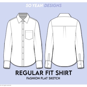 Women Regular Fit Shirt Fashion Flat Sketch - Fashion Design Template - Technical CAD Flat Drawing - Instant Digital Download Ai Pdf