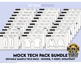 Mock Sample Hoodie, Jogginghose, T-Shirt Tech Pack Vorlagen + Bonus Blank Tech Pack, bearbeitbarer digitaler Download ai-Dateien für Adobe Illustrator