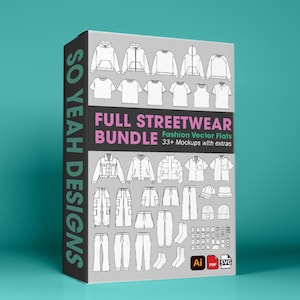 Op de afbeelding: Een doos met de tekst "SO YEAH DESIGNS" aan de zijkant, met een collectie van 33 streetwear mode vector flats, waaronder hoodies, t-shirts, jassen, broeken, rokken, sokken en hoeden. De tekst "FULL STREETWEAR BUNDLE" staat bovenaan de doos, met de tekst "Fashion Vector Flats" en "33+ Mockups with extras" eronder. De doos bevat ook pictogrammen voor Adobe Illustrator, PDF en SVG.