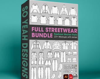 Streetwear Essential Vector Mockup Pack - Fashion Flat Cad Bundle - Adobe Illustrator Digital Download