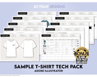 Sample Tshirt Tech Pack Mock up Template with Bonus Blank Template for Adobe Illustrator Garment Tech Pack Editable Digital Download Ai Pdf