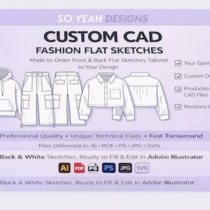 May include: A graphic advertising "CUSTOM CAD FASHION FLAT SKETCHES" with illustrations of clothing designs. The image shows a hoodie, trousers, and a shirt. Text includes service details and file formats. The background is light purple.