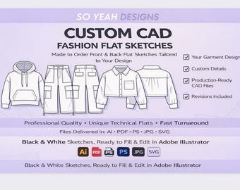 Custom CAD Fashion Flat Sketches | Front Back Technical Drawing (ai, pdf, psd, jpg, svg)